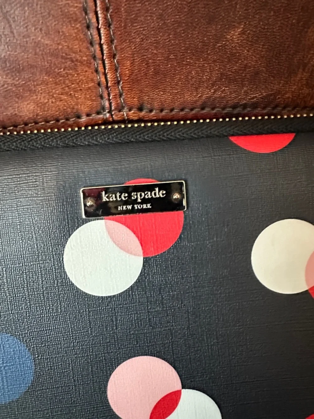 kate spade Laptop Sleeve Navy Blue with Red, Blue & White Polka Dots.